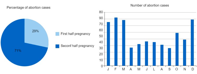 The pie chart represents the percentage of abortions in the first and second stage of pregnancy, respectively. The bar chart represents the seasonality of abortions.
