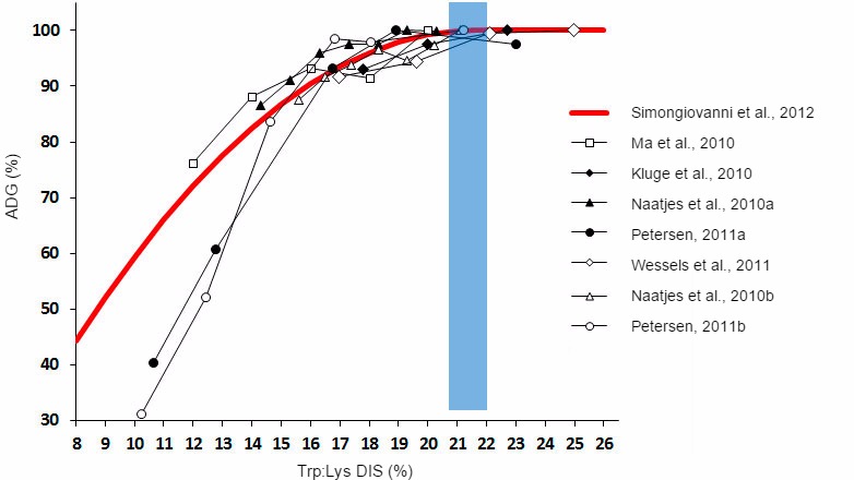 Effect of the tryptophan / lysine ratio on piglets growth.