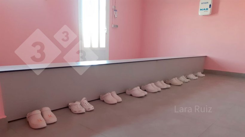 照片3:该区域必须很大,因为在大规模猪场,需可以同时进入10人以上。该长凳的理想尺寸为60厘米宽,40厘米高。在长凳之后,工作人员换上在更衣室使用的鞋。照片由Lara Ruiz提供。