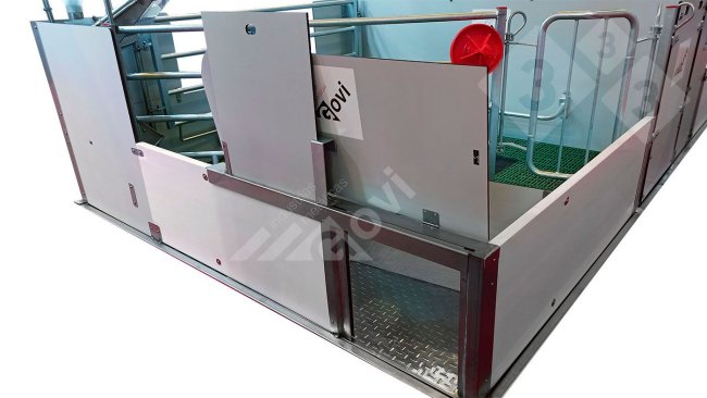 图1:带门的分娩栏,仔猪可以进入相邻的窝或分娩栏。