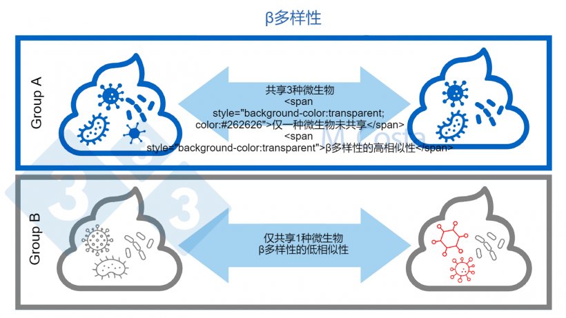 图3：了解样本之间微生物组成的变化（&beta;多样性）。更相似的微生物群落在样本之间共享更多类型的微生物。通常，在计算&beta;多样性指数时会考虑其他方面（如微生物之间的遗传关系）。
