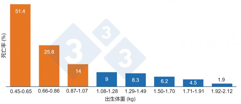 图 1：断奶前死亡率与出生体重的关系。体重小于1.07公斤（橙色）的仔猪死亡率较高。
